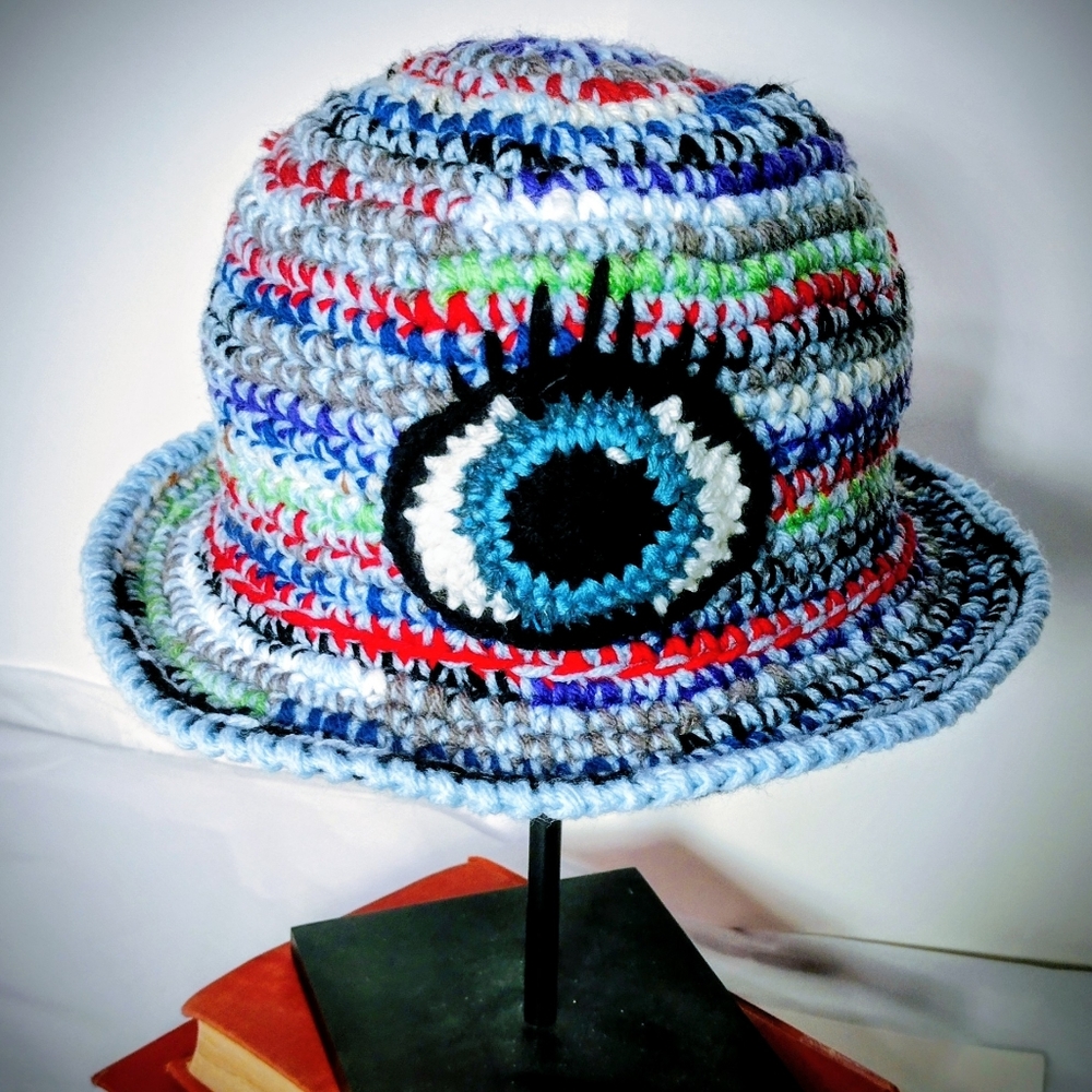 Evil Eye Motif Handmade  Multi-Color Crocheted Brimmed Hat